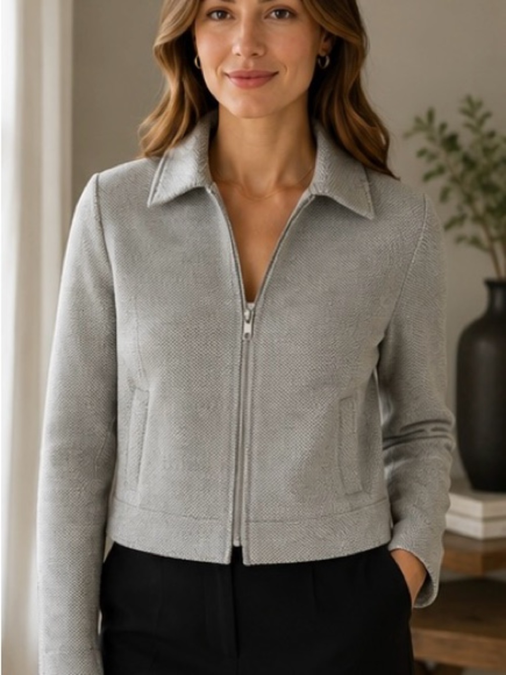 Banana Republic Textured Knit Zip Front Jacket XS Gray Moto Career - Picture 5 of 9